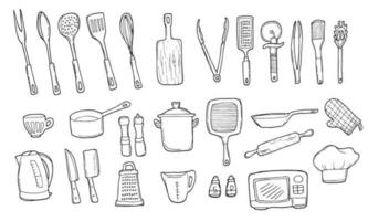 Set of doodle kitchen utensil outline in black isolated over white background. Vector sketch in line