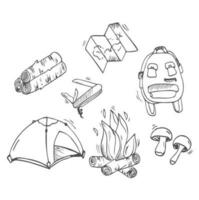 Set of doodle forest camping design elements. Hand drawn vector illustrations isolated on a white background.