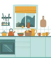 A kettle is boiling in the rustic kitchen vector