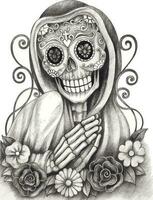 Fancy skull day of the dead hand drawing and make graphic vector. vector