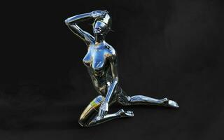 3d illustration of A woman AI cyborg pose on black background with clipping path. AI project. photo