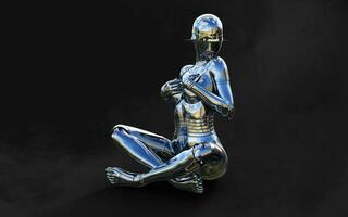 3d illustration of A woman AI cyborg pose on black background with clipping path. AI project. photo