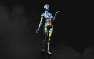 3d illustration of A woman AI cyborg pose on black background with clipping path. AI project. photo