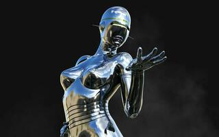 3d illustration of A woman AI cyborg pose on black background with clipping path. AI project. photo