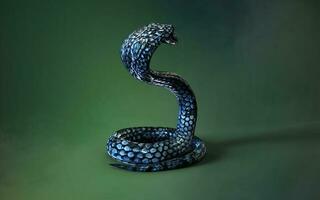 3d ilustración azul color de Rey cobra el del mundo mas largo venenoso serpiente aislado en verde fondo, Rey cobra serpiente con recorte camino foto