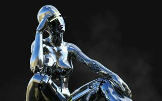3d illustration of A woman AI cyborg pose on black background with clipping path. AI project. photo