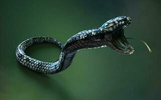 3d ilustración azul color de Rey cobra el del mundo mas largo venenoso serpiente aislado en verde fondo, Rey cobra serpiente con recorte camino foto