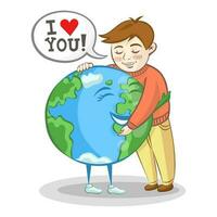 Boy hugs planet Earth and confesses his love to it. Earth Day 22 April vector illustration with white background. Ecology and save the Planet concept