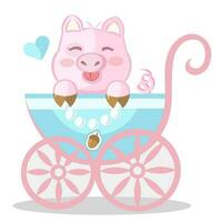 Sweet pink baby pig in blue kid stroller with tiny acorn pendant. Colored vector illustration