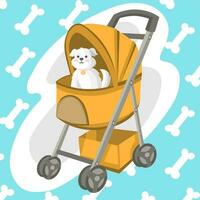 White fluffy little puppy of bichon frise with collar in yellow stroller for dogs with blue background with bones pattern - vector illustration