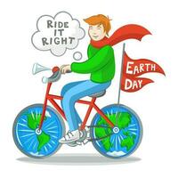 Man on a bicycle with hemispheres of the Earth instead of wheels. Earth Day 22 April vector illustration with white background. Ecology and save the Planet concept