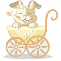 Sweet baby rabbit in yellow kid stroller with tiny carrot pendant. Colored vector illustration