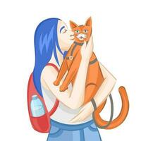 Blue-haired girl with red backpack petting ginger cat in grey pet leash during outside walking on white background - vector illustration