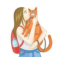 Brown-haired girl with red backpack petting ginger cat in grey pet leash during outside walking on white background - vector illustration