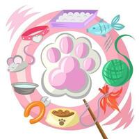 Cat paw print with various cat themed pet objects - collar, mouse, water bowl, nail cutter, food bowl, stick with feathers, wool ball, fish, kitten toilet - inside pink circle - vector illustration