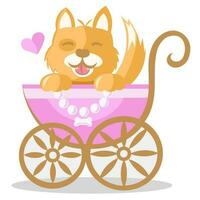 Sweet ginger puppy baby dog in purple kid stroller with tiny bone pendant. Colored vector illustration