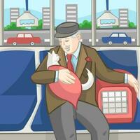 Old man with white cat in red blanket and pet carrier sitting in public transport bus with road, city and cars on a background - vector illustration