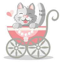 Sweet grey pussycat baby in pink kid stroller with tiny paw pendant. Colored vector illustration