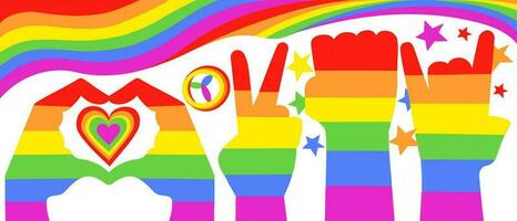 Various hands with rainbow pattern in different poses with LGBT flag and colorful symbols on the background. LGBT pride Gay and Lesbian concept vector