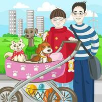 Asian couple with 3 dogs chihuahua, greyhound and beagle in stroller walking in the park - vector illustration