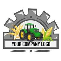 Logo for agriculture company. Green tractor with wheat and corn inside half of cogwheel - vector image. Agriculture and rural concept