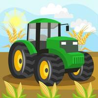 Green tractor during work at field with wheat and corn in sunny day - vector image. Agriculture and rural concept