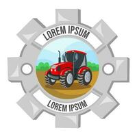Logo for agriculture company. Red tractor on field during cultivation work inside cogwheel - vector image. Agriculture and rural concept