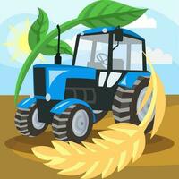 Blue tractor during work at field inside circle of wheat and green plant in sunny day - vector image. Agriculture and rural concept