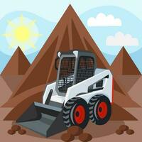 BobCat loader on building plot during landscaping, construction and digging works - vector image. Construction equipment concept