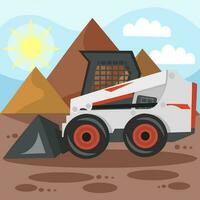 BobCat loader on building plot during landscaping, construction and digging works - vector image. Construction equipment concept