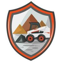 Logo for BobCat works company. BobCat loader on building plot during landscaping, construction and digging works inside shield form - vector image. Construction equipment concept