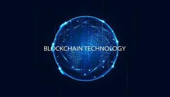 Abstract blockchain technology and globe concept. Modern blue background. advanced security better performance faster verification storage high tech technology vector