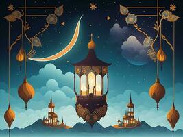 Happy eid alfitr poster with a background of lanterns moon and clouds photo