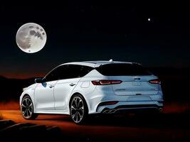 un pintura de un blanco coche con un lleno Luna en el antecedentes foto