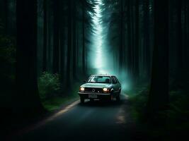 IMAGE A GOST CAR WITH A FOREST ON ROAD photo