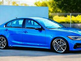 photo blue sport sedan parked in the yard