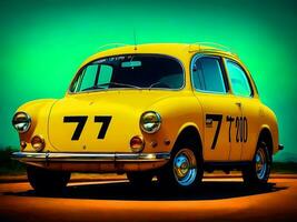 photo a yellow car with the number 70 on the side