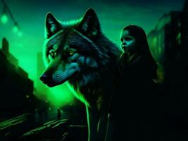 un foto linda niña con un grande lobo en ciudad noche Dom ligero