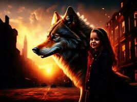 un foto linda niña con un grande lobo en ciudad noche Dom ligero