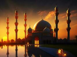 photo ramadan kareem eid mubarak mosque in evening with sun light background