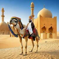 photo with a camel desert man and mosque