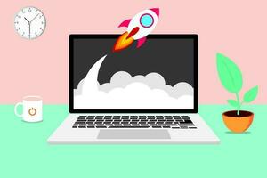 Concept of business start up, Rocket launch from screen, cloud concept with computer vector