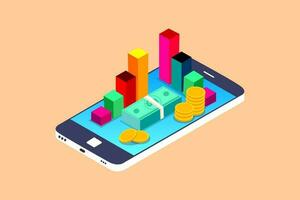 Business Analytics via mobile phone, Money stack and chart on device screen vector