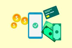 Financial Transactions And Cashless Operations Concept, Composition In Flat Cartoon Style With Mobile phone, Terminal Machine, Credit Card And Paper Money vector