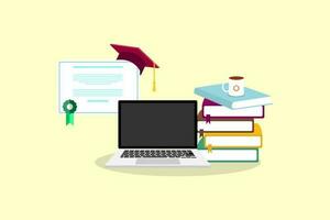 ordenador portátil con libros y sombrero, educación en computadora o mi aprendizaje concepto, en línea aprendiendo, negocio en línea formación vector