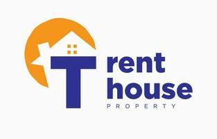 letter T house and sun vector design element for real estate logo or realty exhibition
