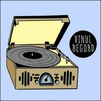 gramófono con un vinilo grabar en un de madera caja. un música jugador con vinilo registros. retro dispositivo de el años 50 mundo radio día. escucha a podcasts, radio espectáculos diseño de musical elementos vector