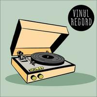 Vinyl record player. Sound recording equipment in wooden case, in the retro style of the 60s. Radio vector