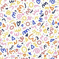 Colorful 90s seamless pattern. Squiggle kid background, doodle minimalistic wallpaper with basic forms and lines. Vector scribble backdrop