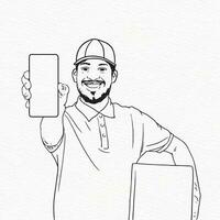 Asian delivery man wearing cap showing mobile and parcel in his hand vector